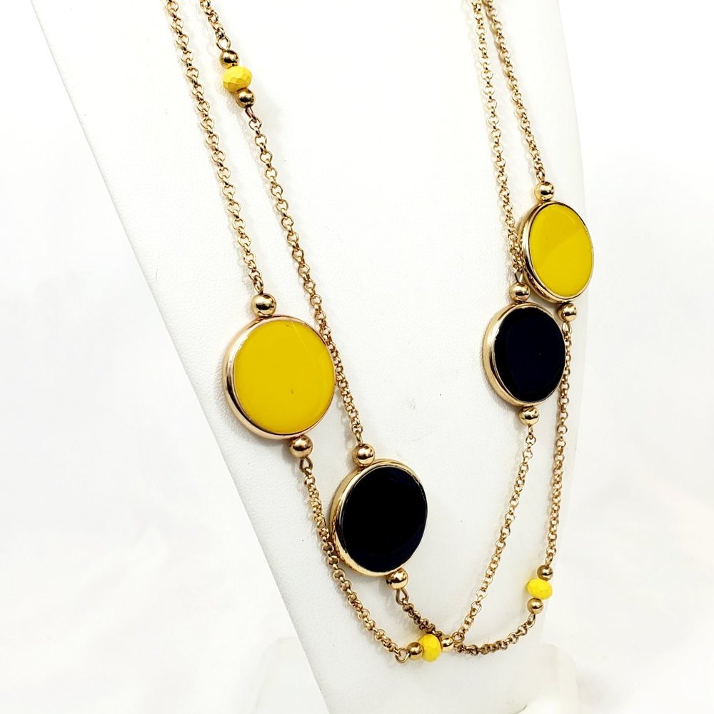 Blue & Yellow Round Enamel Charm 27" Gold Tone Cable Chain Necklace JN1237